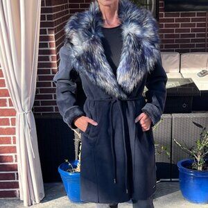 💙 Rino & Pelle Blue Shearling Coat with Ombre Faux Fur Collar & Belt 💙